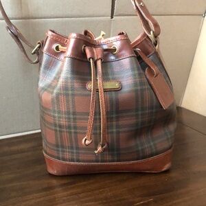 RALPH LAUREN Tartan Brown Green Plaid Drawstring Bucket Shoulder Bag VINTAGE